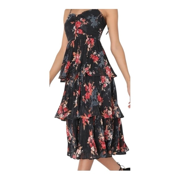 Lulus | Tier to Stay Black Floral Print Tiered Tie-Strap Midi Dress size M New - Picture 2 of 16